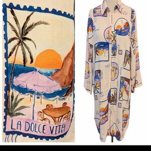 Love The Label Womens Sz M La Dolce Vita Postcards Rayon Tunic Shirt Shift Dress